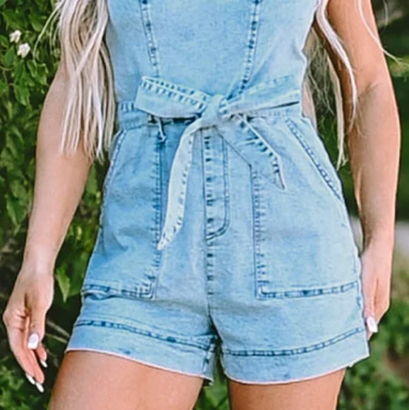 Denim Romper Shorts Sweetheart Sleeveless Belt Pocket Jean One-piece Jumpsuit - Picture 14 of 16